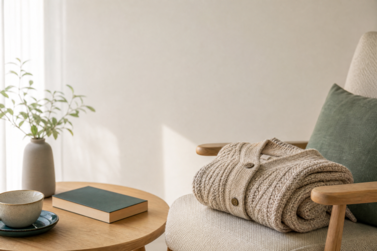 A softly lit room with a coat and cup, representing care with limited capacity
