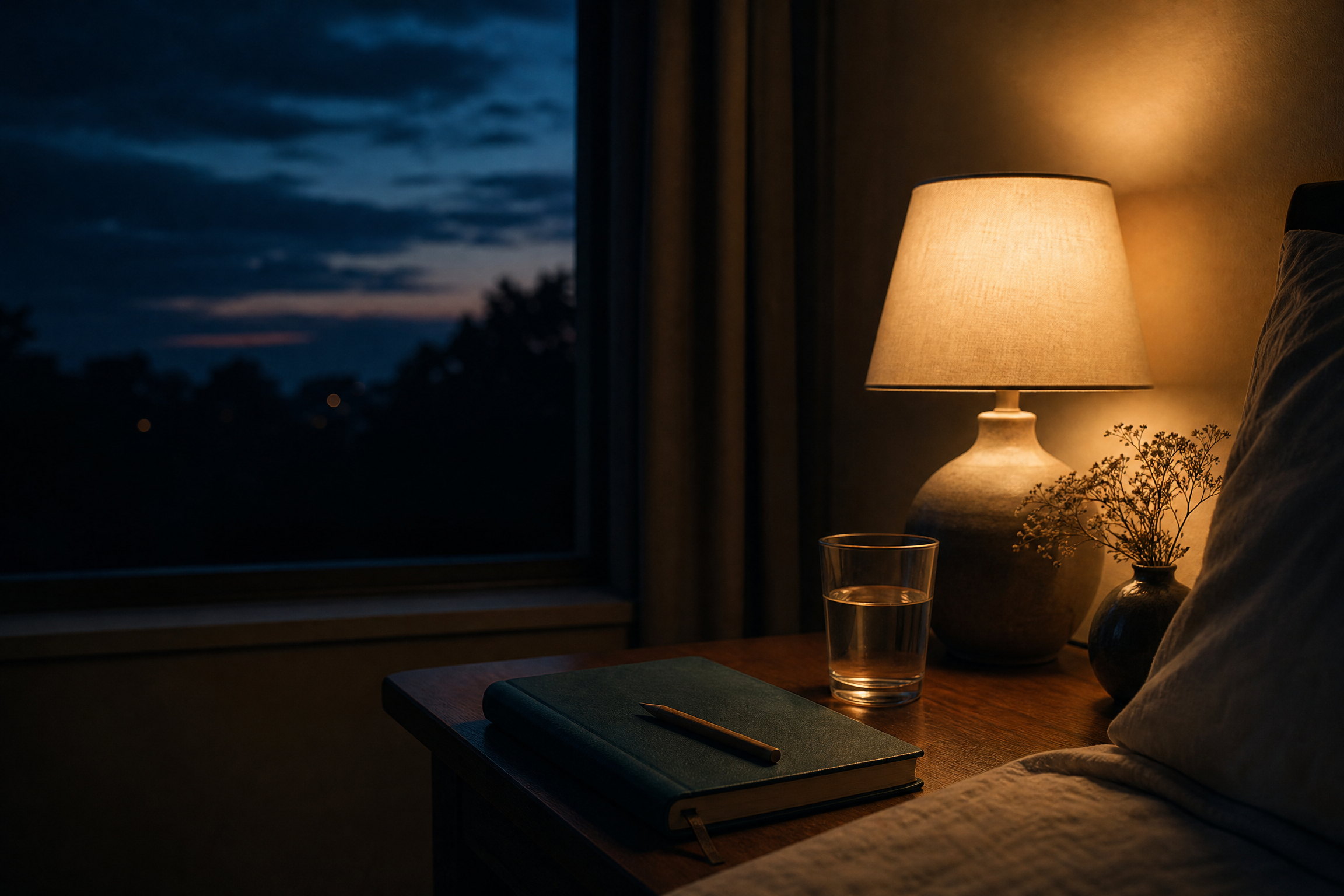 A quiet bedside with notebook and soft lamp light, representing ending a difficult day
