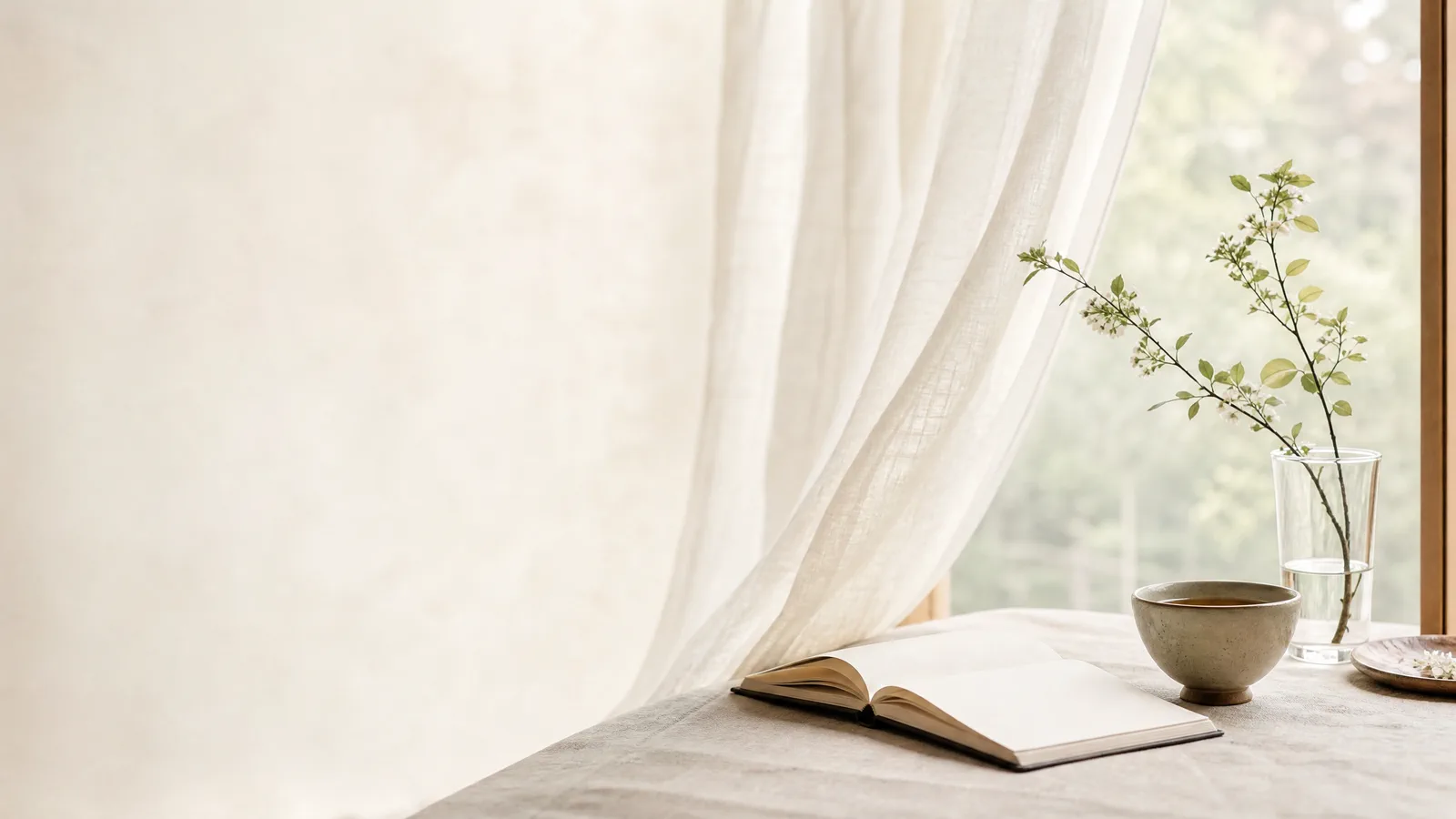 Open notebook, tea and a small branch beside a sunlit window